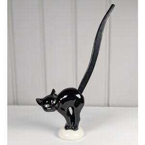 Vintage Mid Century Goebel Black Cat Figurine Pretzel Holder Removable Wood Tail
